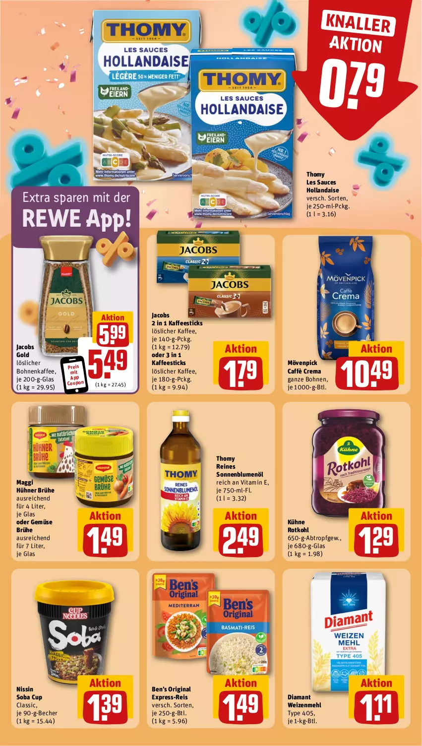 Aktueller Prospekt Rewe - Prospekte - von 30.09 bis 05.10.2024 - strona 18 - produkty: Becher, Ben’s Original, blume, blumen, blumenöl, bohne, bohnen, bohnenkaffee, Brühe, caffè crema, coupon, eis, express-reis, gin, hollandaise, hühner, jacobs, Jacobs Gold, kaffee, Kühne, löslicher bohnenkaffee, löslicher kaffee, maggi, mehl, mövenpick, Nissin, reis, rotkohl, sauce, sonnenblume, sonnenblumen, sonnenblumenöl, thomy, thomy les sauces, Ti, type 405, vita, weizenmehl