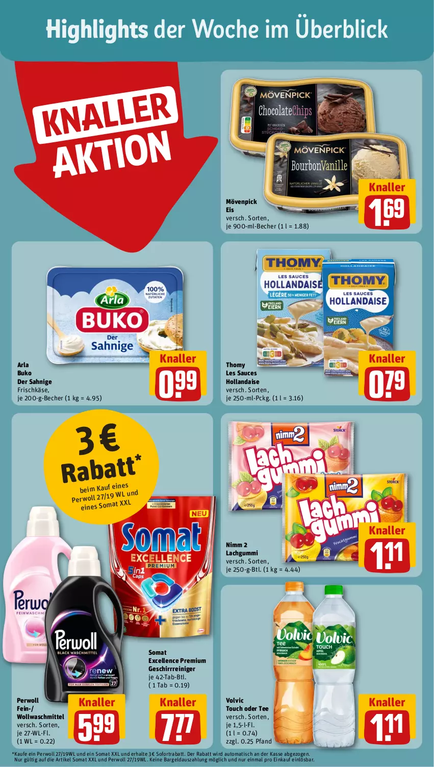 Aktueller Prospekt Rewe - Prospekte - von 30.09 bis 05.10.2024 - strona 2 - produkty: arla, arla buko, auto, Becher, Buko, eis, elle, frischkäse, geschirr, hollandaise, Käse, lachgummi, mövenpick, mövenpick eis, Nimm 2, perwoll, reiniger, sauce, sofortrabatt, somat, tee, thomy, thomy les sauces, Ti, tisch, volvic, waschmittel