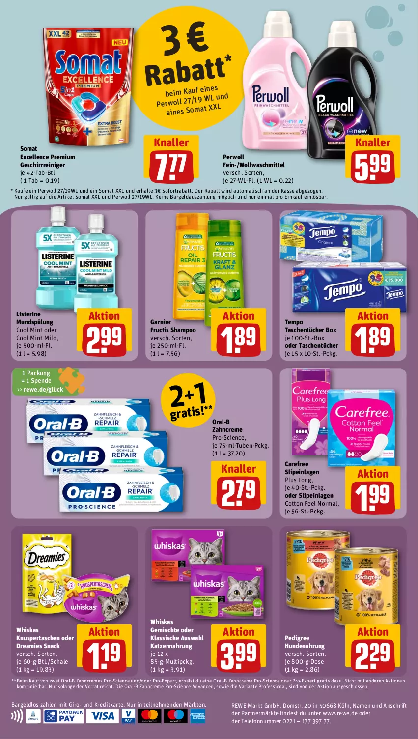 Aktueller Prospekt Rewe - Prospekte - von 30.09 bis 05.10.2024 - strona 20 - produkty: auto, carefree, Cien, creme, dreamies, elle, fructis, garnier, geschirr, hundenahrung, katzennahrung, listerine, mint, mundspülung, oral-b, pedigree, perwoll, reiniger, Ria, Schal, Schale, shampoo, slip, slipeinlagen, snack, sofortrabatt, somat, spülung, Tasche, taschen, taschentücher, telefon, Tempo, Ti, tisch, tücher, waschmittel, whiskas, zahncreme