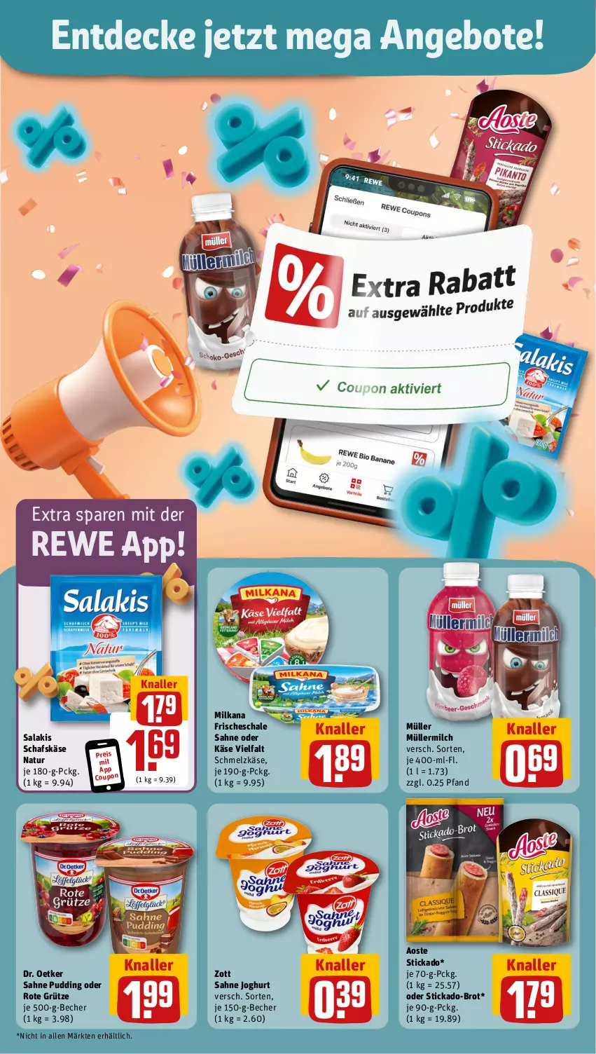 Aktueller Prospekt Rewe - Prospekte - von 30.09 bis 05.10.2024 - strona 4 - produkty: angebot, angebote, aoste stickado, Becher, brot, coupon, decke, Dr. Oetker, eis, grütze, joghur, joghurt, Käse, käse vielfalt, milch, milka, milkana, Müller, müllermilch, natur, pudding, reis, Rote Grütze, sahne, sahne joghurt, salakis, schafskäse, Schal, Schale, Schmelzkäse, stickado, Ti, zott