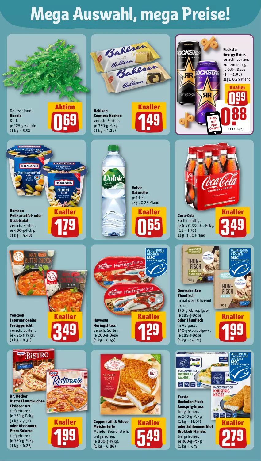 Aktueller Prospekt Rewe - Prospekte - von 30.09 bis 05.10.2024 - strona 5 - produkty: backofen, backofen fisch, bahlsen, brokkoli, coca-cola, cola, comtess, comtess kuchen, coppenrath, coupon, Dr. Oetker, drink, eis, elle, elsässer art, energy drink, fertiggericht, filet, filets, fisch, flammkuchen, frosta, hawesta, hering, Herings, heringsfilets, homann, kartoffel, kuchen, lamm, mandel, Meister, natur, nudel, nudelsalat, Ofen, olive, oliven, olivenöl, olivenöl extra, pizza, pizza salame, reis, rel, ring, ristorante, ristorante pizza, Rockstar, rucola, salat, Schal, Schale, schlemmerfilet, thunfisch, Ti, torte, volvic, Yo, YouCook