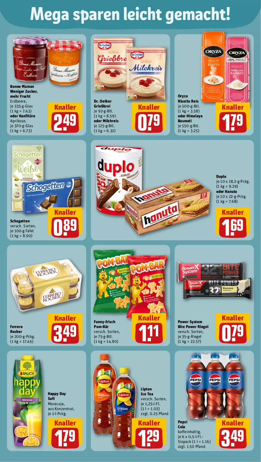 Aktueller Prospekt Rewe - Prospekte - von 30.09 bis 05.10.2024 - strona 7 - produkty: aprikose, basmati, beere, bonne maman, Brei, cola, Dr. Oetker, duplo, eis, erdbeere, ferrero, Ferrero Rocher, frucht, funny-frisch, hanuta, Happy Day, ice tea, konfitüre, lipton, lipton ice tea, mac, mam, maracuja, milch, milchreis, oryza, pepsi, Pepsi Cola, pom-bär, reis, riegel, risotto, saft, schogetten, Ti, zucker