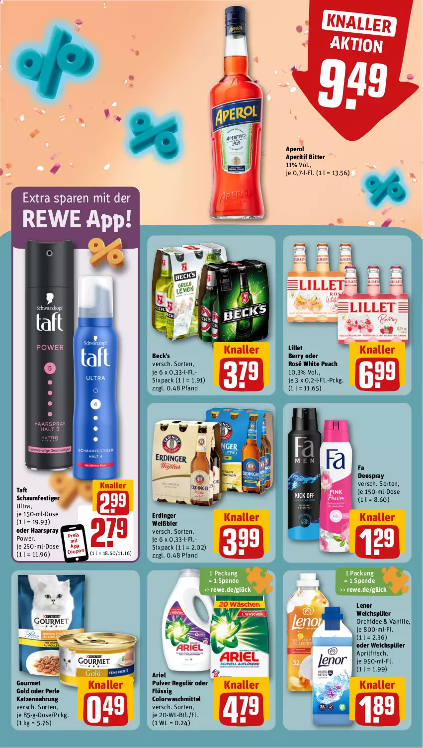 Aktueller Prospekt Rewe - Prospekte - von 30.09 bis 05.10.2024 - strona 8 - produkty: aperitif, aperol, ariel, bier, colorwaschmittel, coupon, deo, deospray, eis, erdinger, gourmet gold, haarspray, katzennahrung, lenor, lenor weichspüler, lillet, orchidee, pril, reis, schaumfestiger, Taft, Ti, vanille, waschmittel, weichspüler