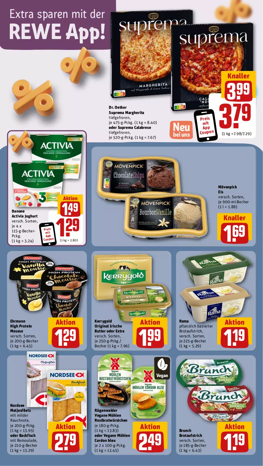 Aktueller Prospekt Rewe - Prospekte - von 30.09 bis 05.10.2024 - strona 9 - produkty: activia, activia joghurt, aufstrich, backfisch, Becher, brot, brotaufstrich, butter, cordon bleu, coupon, danone, danone activia, Dr. Oetker, ehrmann, eis, filet, filets, fisch, gin, irische butter, joghur, joghurt, kerrygold, margherita, matjes, Matjesfilet, matjesfilets, mousse, mövenpick, mövenpick eis, Nordsee, rama, Rauch, reis, remoulade, rügenwalder, Ti, würstchen