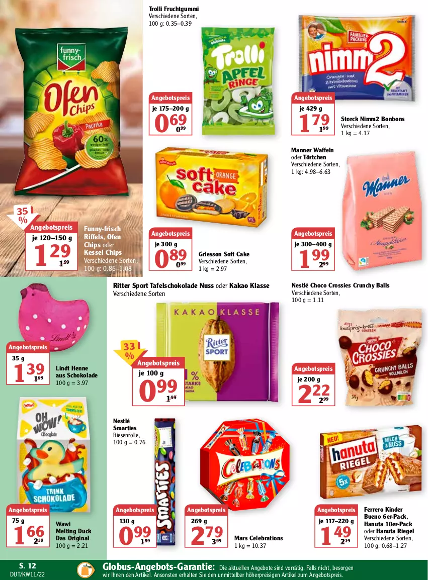 Aktueller Prospekt Globus - Prospekte - von 14.03 bis 19.03.2022 - strona 12 - produkty: angebot, angebote, angebotspreis, ball, bonbons, chips, choco crossies, crossies, Duck, eis, elle, ferrero, frucht, fruchtgummi, funny-frisch, gin, griesson, hanuta, kakao, Kinder, kinder bueno, lindt, Manner, mars, nestlé, nimm2, nuss, Ofen, reis, riegel, ritter, ritter sport, schoko, schokolade, smarties, Sport, storck, tafelschokolade, Ti, Törtchen, trolli, trolli fruchtgummi, waffeln