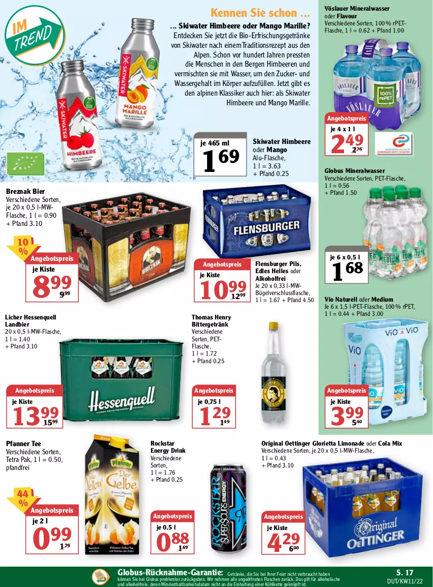 Aktueller Prospekt Globus - Prospekte - von 14.03 bis 19.03.2022 - strona 17 - produkty: alkohol, Alwa, angebot, angebotspreis, auer, beere, beeren, bier, bio, bügel, burger, cola, decke, drink, eier, eis, elle, energy drink, erfrischungsgetränk, erfrischungsgetränke, flasche, flensburger, getränk, getränke, gin, himbeer, himbeere, himbeeren, Kette, limo, limonade, mango, mineralwasser, mw-flasche, natur, oettinger, pet-flasche, pfanne, Pfanner, pils, Rauch, reis, rel, rezept, Rockstar, tee, thomas henry, Ti, vöslauer, wasser, zucker