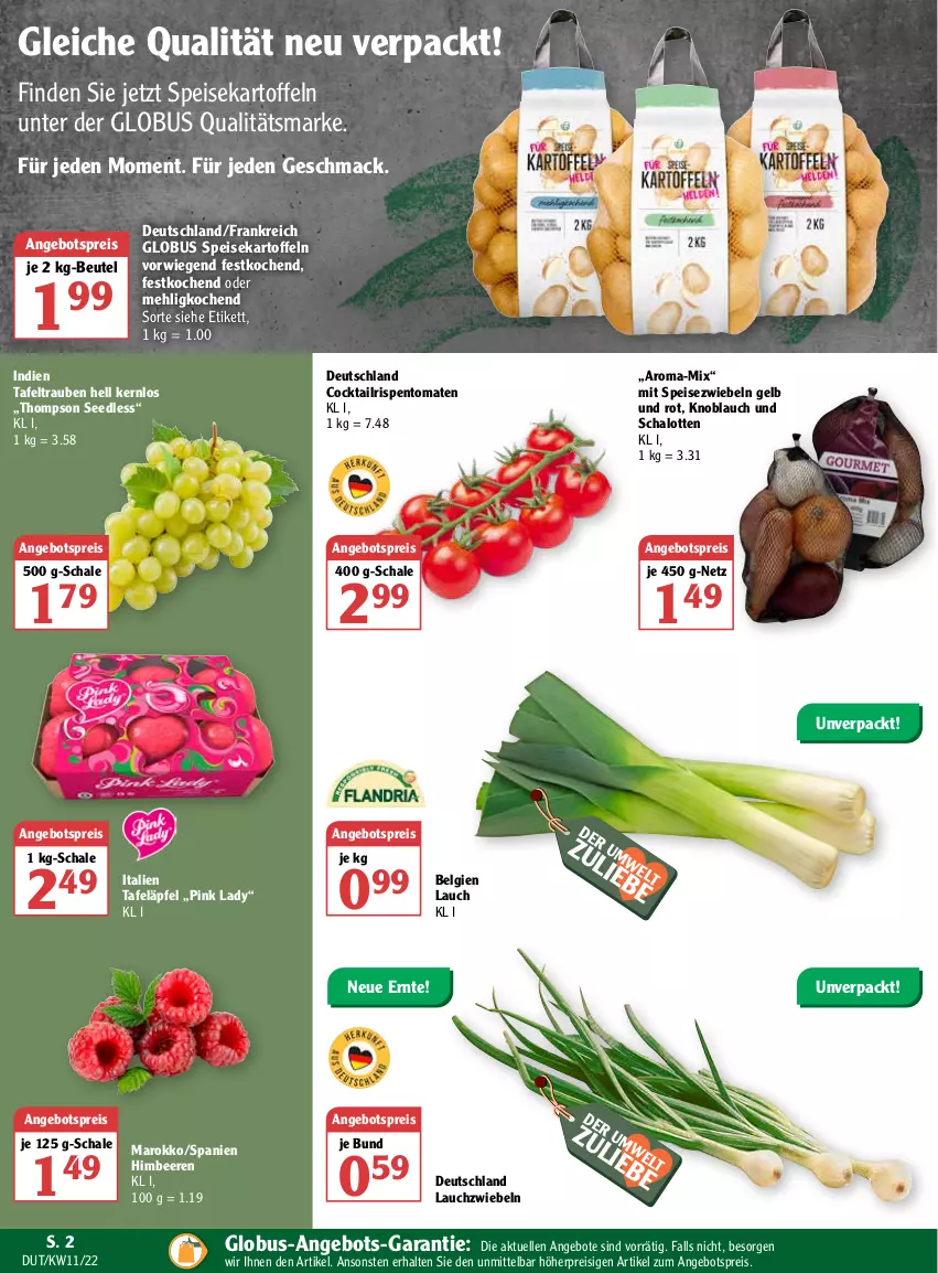 Aktueller Prospekt Globus - Prospekte - von 14.03 bis 19.03.2022 - strona 2 - produkty: angebot, angebote, angebotspreis, beere, beeren, beutel, cocktail, eis, elle, himbeer, himbeere, himbeeren, kartoffel, kartoffeln, knoblauch, Lauchzwiebel, lauchzwiebeln, LG, mac, mehl, Pink Lady, reis, rispentomaten, Schal, Schale, Schalotte, speisekartoffeln, Speisezwiebeln, tafeläpfel, tafeltrauben, Ti, tomate, tomaten, trauben, zwiebel, zwiebeln