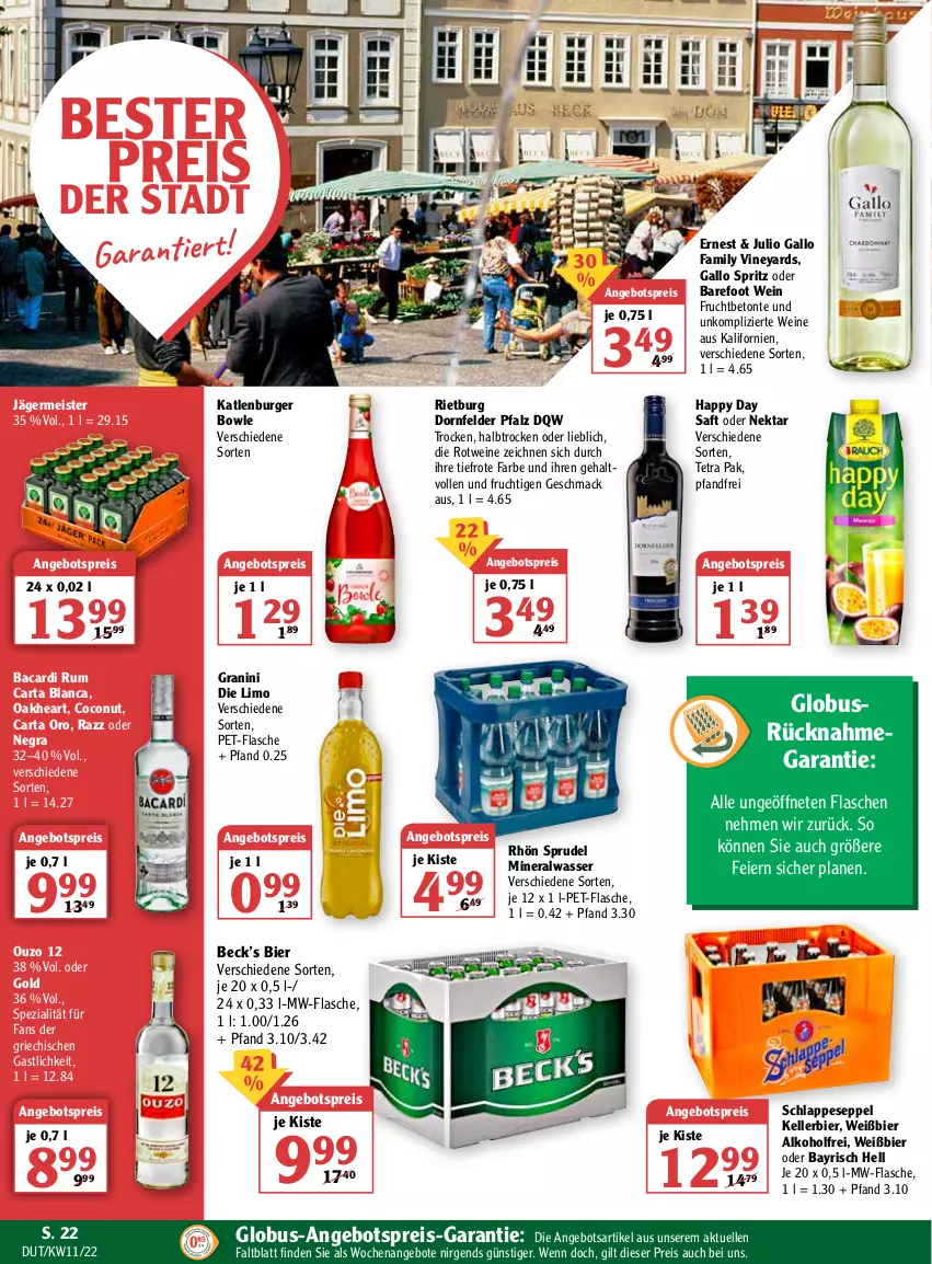 Aktueller Prospekt Globus - Prospekte - von 14.03 bis 19.03.2022 - strona 22 - produkty: alkohol, Alwa, angebot, angebote, angebotspreis, bacardi, bacardi rum, bier, bowle, burger, coconut, dornfelder, eier, eis, elle, flasche, frucht, gallo, gallo family, Germ, granini, granini die limo, Happy Day, jägermeister, katlenburger, kellerbier, limo, mac, Meister, mineralwasser, mw-flasche, Nektar, oakheart, ouzo, ouzo 12, pet-flasche, reis, rotwein, rum, saft, Spezi, Sprudel, Ti, wasser, wein, weine