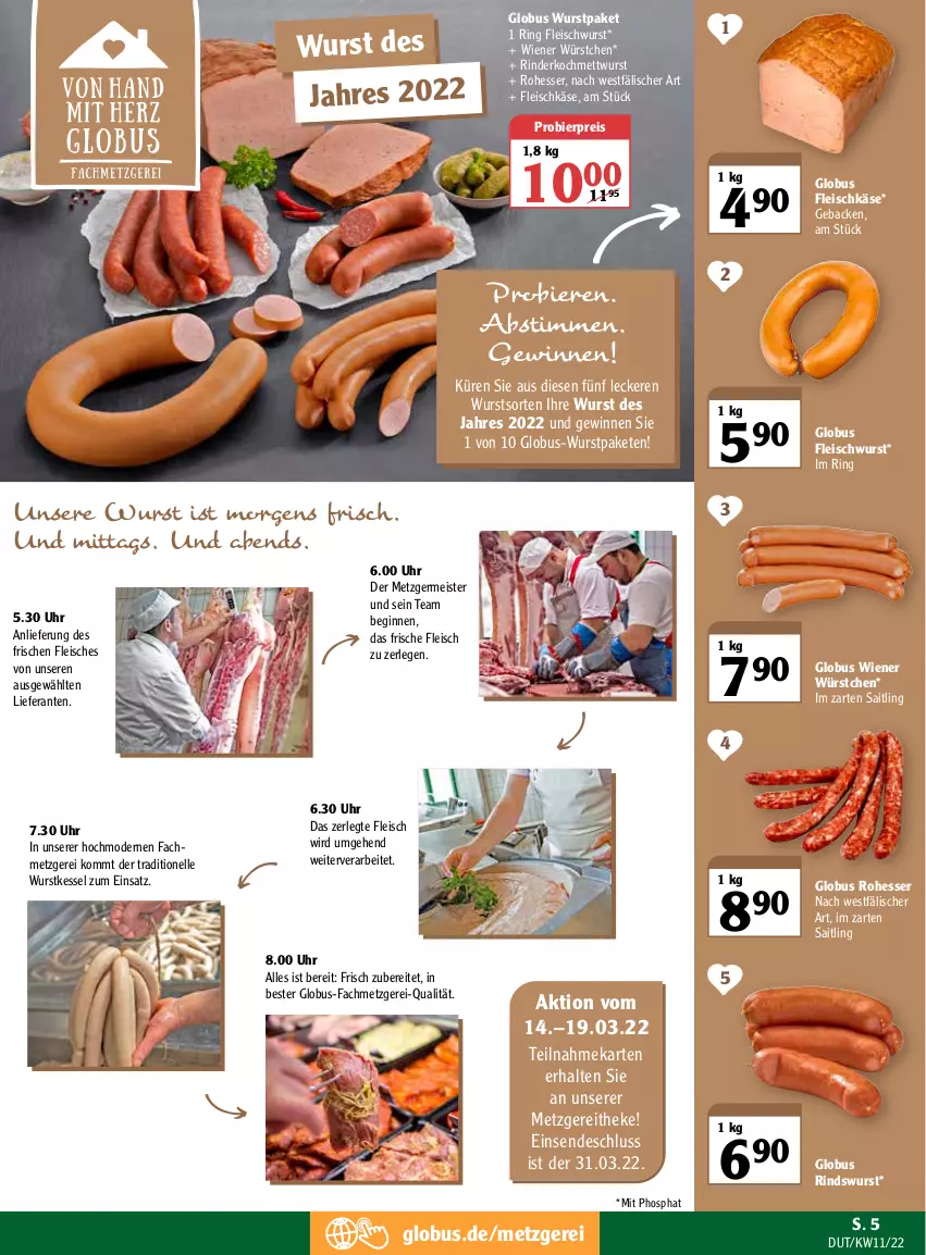 Aktueller Prospekt Globus - Prospekte - von 14.03 bis 19.03.2022 - strona 5 - produkty: bier, Biere, eis, elle, fleisch, fleischkäse, fleischwurst, geback, Germ, gin, im zarten saitling, Käse, Meister, Mett, mettwurst, Mode, reis, rind, rinder, ring, Ti, uhr, wiener, wiener würstchen, wurst, würstchen