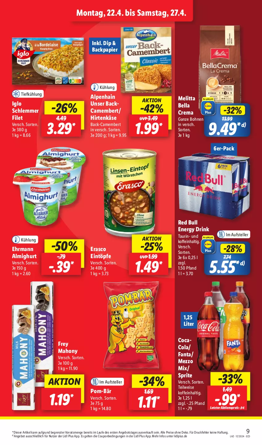 Aktueller Prospekt Lidl - Aktionsprospekt - von 22.04 bis 27.04.2024 - strona 15 - produkty: aktionspreis, almighur, almighurt, Alpenhain, angebot, bella crema, bohne, bohnen, camembert, cola, coupon, dip, drink, ehrmann, ehrmann almighurt, eintöpfe, eis, elle, energy drink, erasco, fanta, filet, hirtenkäse, iglo, Käse, melitta, Mezzo Mix, papier, pom-bär, red bull, reis, sprite, teller, Ti, ZTE