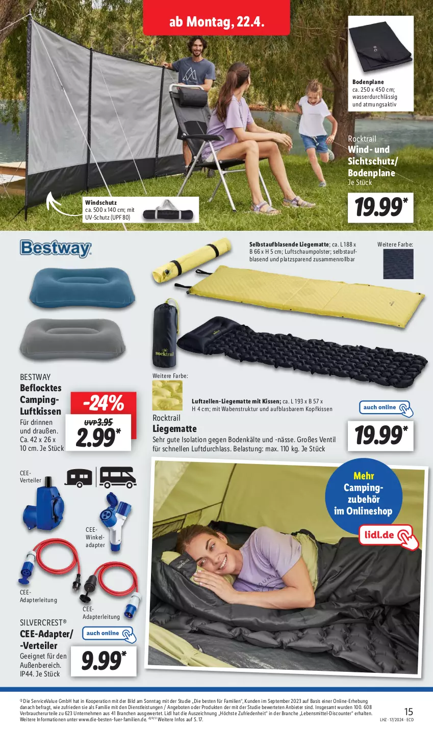 Aktueller Prospekt Lidl - Aktionsprospekt - von 22.04 bis 27.04.2024 - strona 19 - produkty: adapter, angebot, angebote, bestway, discount, eis, elle, kissen, kopfkissen, lebensmittel, Liege, Rauch, silvercrest, Ti, uv-schutz, wasser, Windschutz