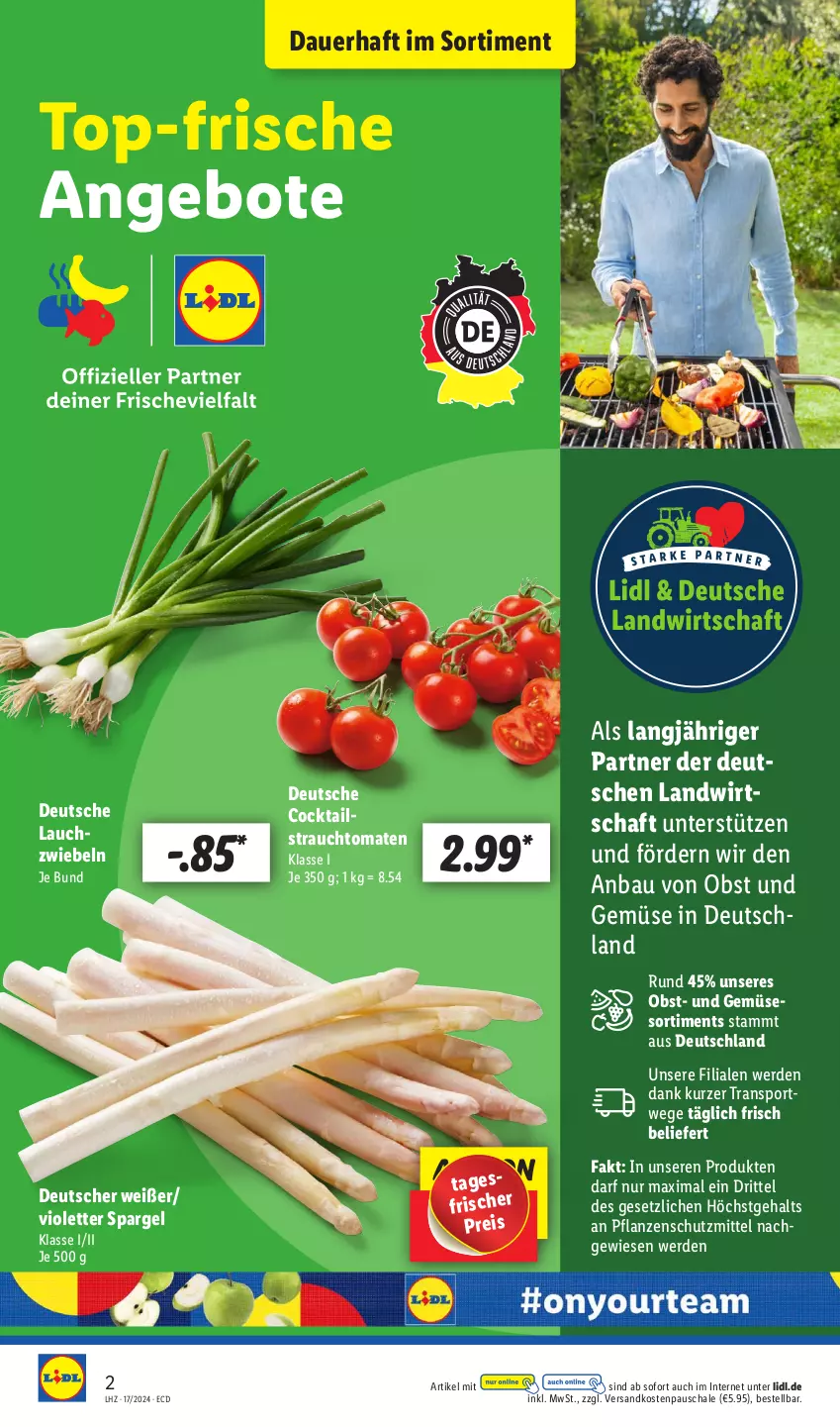 Aktueller Prospekt Lidl - Aktionsprospekt - von 22.04 bis 27.04.2024 - strona 2 - produkty: angebot, angebote, auer, Bau, cocktail, cocktails, eis, erde, Lauchzwiebel, lauchzwiebeln, ndk, obst, Obst und Gemüse, pflanze, pflanzen, Rauch, reis, Schal, Schale, spargel, Sport, strauchtomaten, Ti, tomate, tomaten, und gemüse, zwiebel, zwiebeln