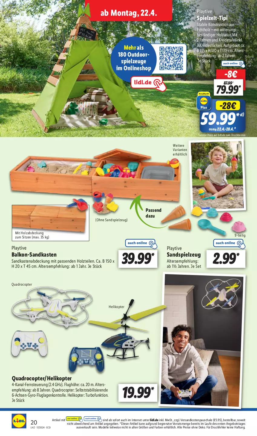 Aktueller Prospekt Lidl - Aktionsprospekt - von 22.04 bis 27.04.2024 - strona 24 - produkty: angebot, Bau, dell, eis, elle, Helikopter, Holz, holzlasur, Kreide, Mode, ndk, quad, Quadro, Quadrocopter, reis, Ria, Sandkasten, Sandspielzeug, Schal, Schale, spielzeug, Ti, Tipi, Zelt, ZTE