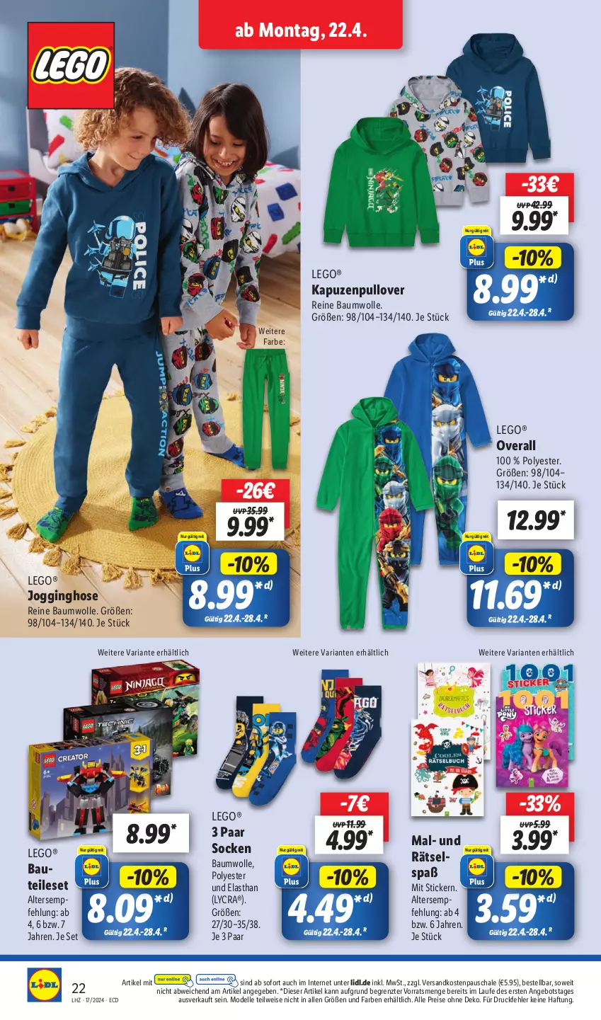 Aktueller Prospekt Lidl - Aktionsprospekt - von 22.04 bis 27.04.2024 - strona 26 - produkty: angebot, Bau, baumwolle, dell, eis, elle, gin, hose, Jogginghose, LEGO®, Mode, ndk, Overall, Pullover, reine baumwolle, reis, Ria, Schal, Schale, socken, Ti, wolle, ZTE