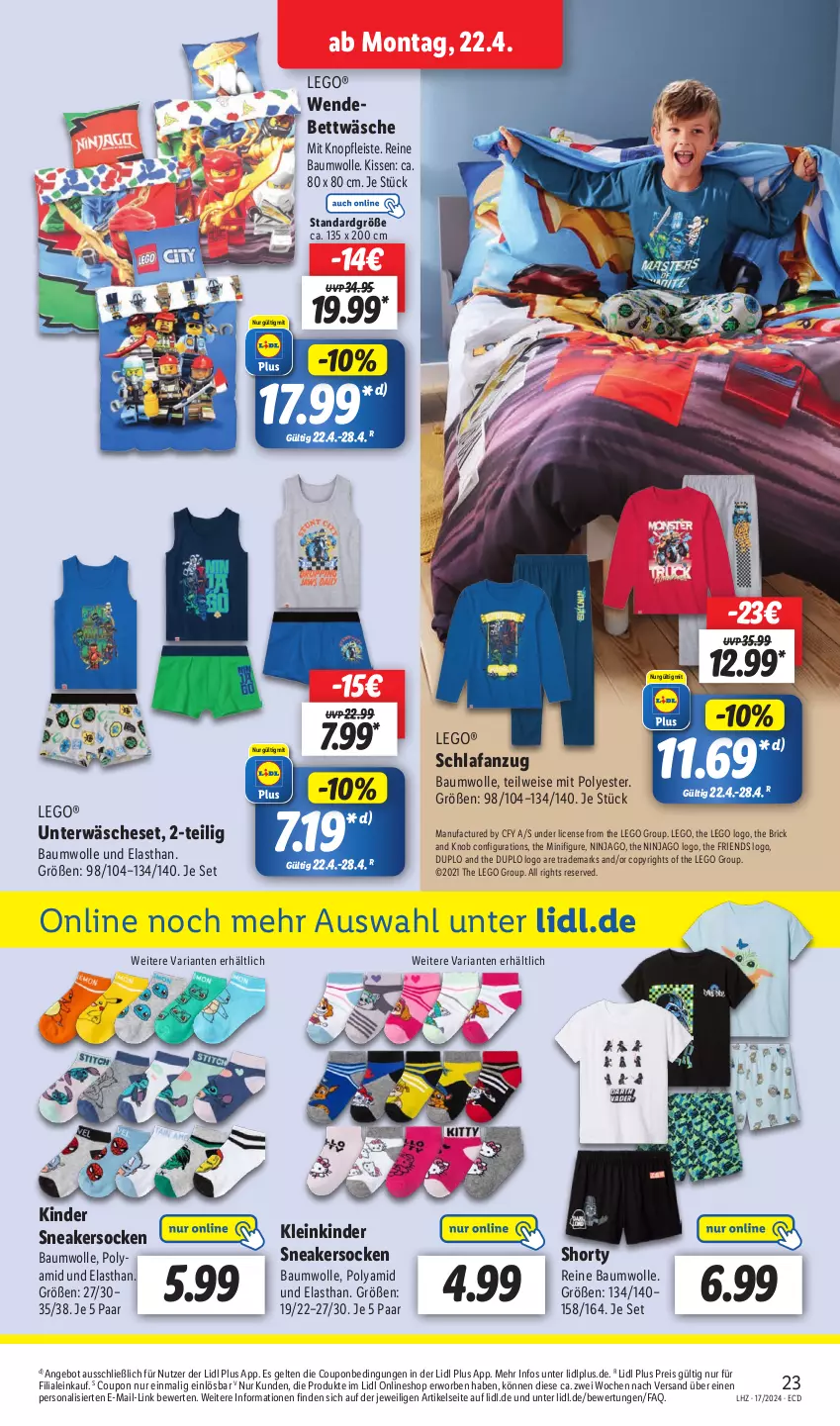 Aktueller Prospekt Lidl - Aktionsprospekt - von 22.04 bis 27.04.2024 - strona 27 - produkty: angebot, Anzug, Bau, baumwolle, bett, bettwäsche, coupon, duplo, eis, Kinder, kissen, LEGO®, ninjago, Persona, reine baumwolle, reis, Ria, Schlafanzug, shorty, sneaker, sneakersocken, socken, Ti, Unterwäsche, wendebettwäsche, wolle