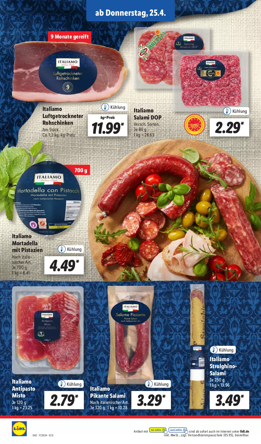 Aktueller Prospekt Lidl - Aktionsprospekt - von 22.04 bis 27.04.2024 - strona 46 - produkty: dell, eis, italiamo, LG, mit pistazien, mortadella, ndk, pistazien, reis, rohschinken, salami, Schal, Schale, schinken, Ti