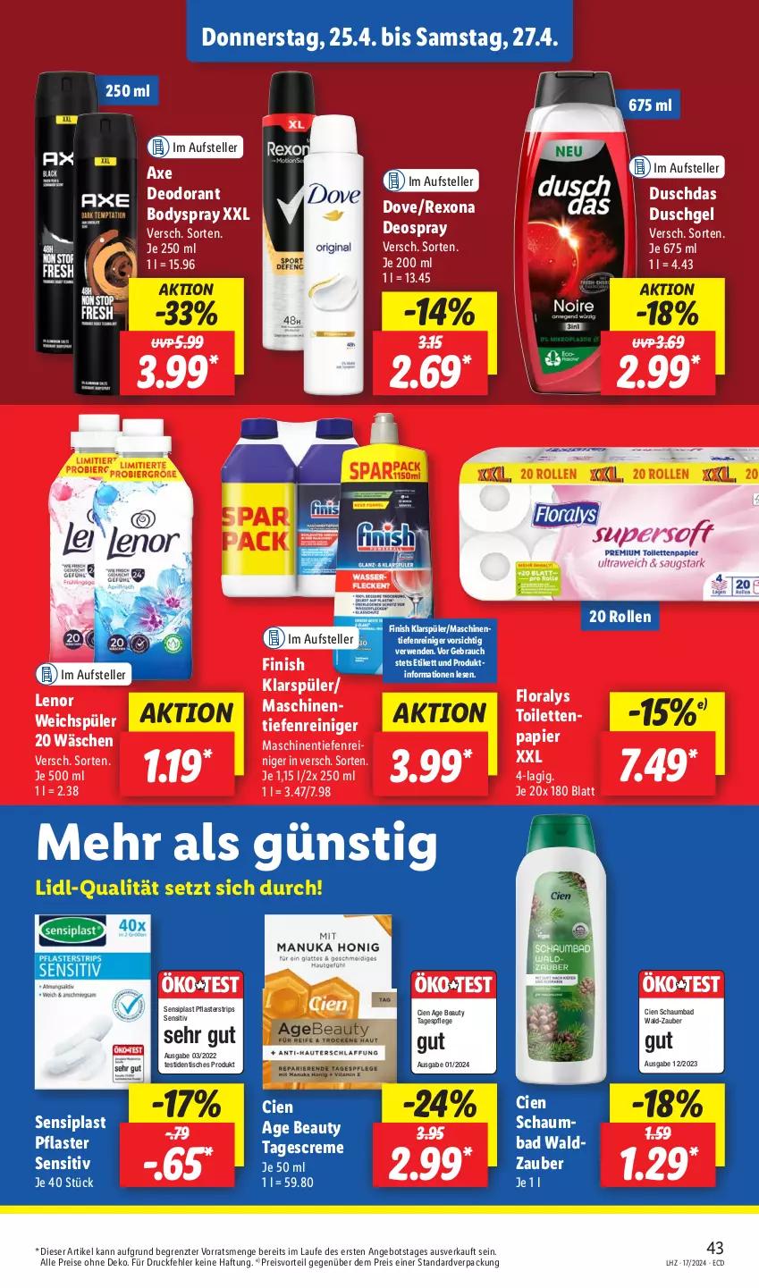 Aktueller Prospekt Lidl - Aktionsprospekt - von 22.04 bis 27.04.2024 - strona 53 - produkty: angebot, axe, Bad, body, bodyspray, Cien, creme, deo, deodorant, deospray, dove, duschdas, duschgel, eis, elle, Finish, Floralys, klarspüler, lenor, lenor weichspüler, papier, pflaster, preisvorteil, Rauch, reiniger, reis, rexona, rwe, schaumbad, tagescreme, Tagespflege, teller, Ti, tisch, toilettenpapier, weichspüler, ZTE