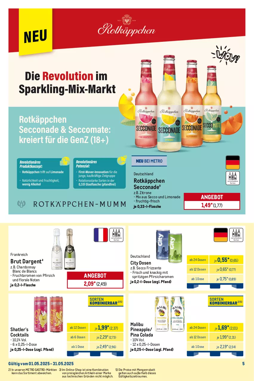 Aktueller Prospekt Metro - Monats-Mix - von 01.05 bis 31.05.2025 - strona 5 - produkty: angebot, Apple, bacardi, brut, brut dargent, Cap, captain morgan, chardonnay, cocktail, cocktails, cola, de blancs, ecco, Effect, eis, flasche, frizzante, frucht, getränk, getränke, gin, gordon, gordons, jack daniel, jim beam, limo, limonade, Malibu, Metro, metro gastro, mojito, Palette, pfirsich, reis, rotkäppchen, rum, smirnoff, Ti, tonic, vodka, white rum, zitrone