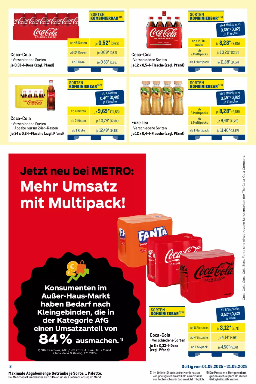 Aktueller Prospekt Metro - Monats-Mix - von 01.05 bis 31.05.2025 - strona 8 - produkty: adelholzener, coca-cola, cola, durstlöscher, eis, eistee, flasche, frucht, fruchtsaft, fruchtsaftgetränk, fuze tea, getränk, getränke, Holz, lipton, Palette, pfanne, Pfanner, reis, saft, tee, Ti, tiefpreis