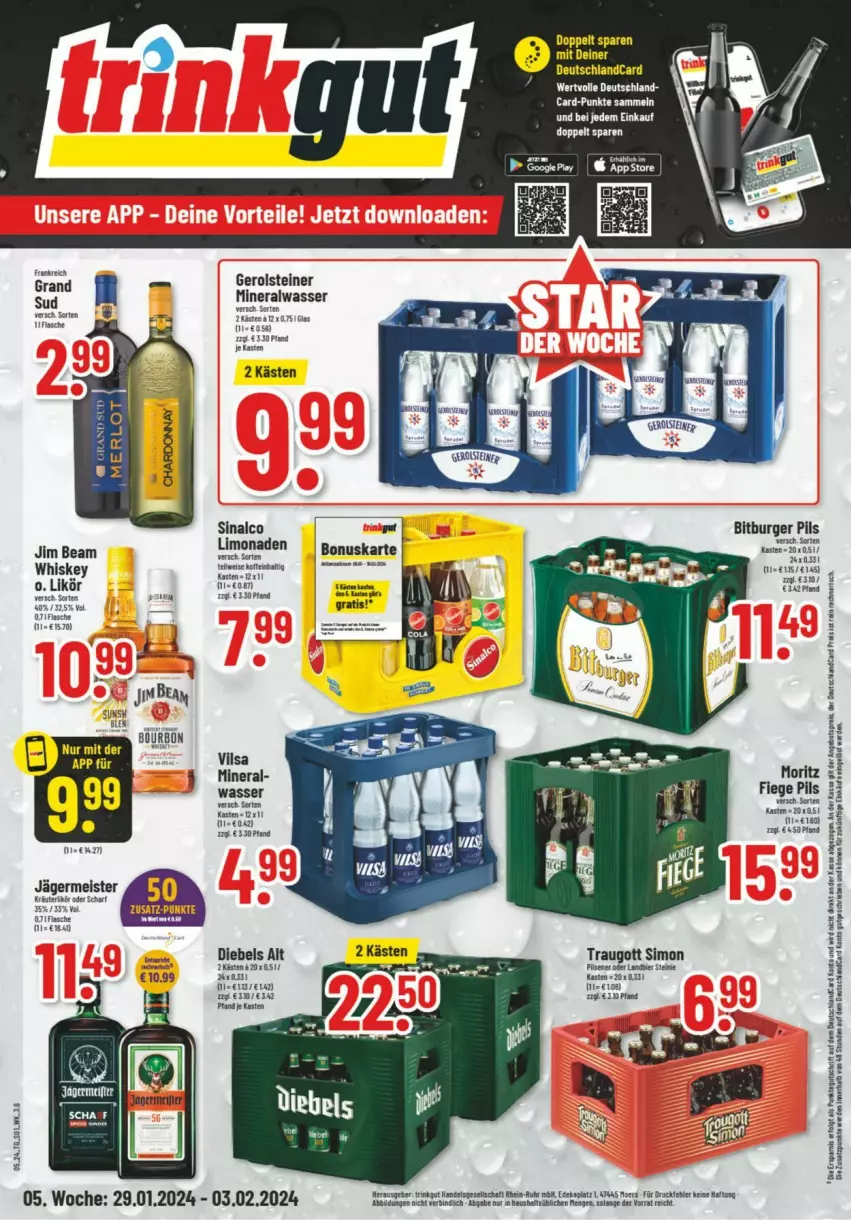 Aktueller Prospekt Trinkgut - Prospekte - von 30.01 bis 03.02.2024 - strona 1 - produkty: Alwa, bett, bitburger, bitburger pils, burger, deutschlandcard, diebels, eis, Germ, gerolsteine, gerolsteiner, jägermeister, jim beam, likör, limo, limonade, limonaden, Meister, mineralwasser, pils, sim, sinalco, steiner, Ti, tisch, vilsa, wasser