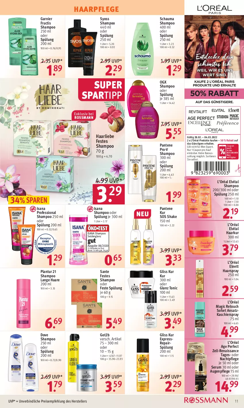 Aktueller Prospekt Rossmann - Prospekte - von 28.02 bis 04.03.2022 - strona 11 - produkty: Augenpflege, coupon, dove, eis, elle, elnett, elvital, fructis, garnier, gliss, gliss kur, got2b, haarpflege, haarspray, isana, nachtpflege, pantene, pantene pro-v, pro-v, reis, rum, sana, SANTE, schauma, schauma shampoo, Serum, shake, shampoo, shampoo 250 ml, shampoo oder spülung, spartipp, spülung, spülung 200 ml, syoss, teller, Ti, Tiere, tonic, vita, Yo