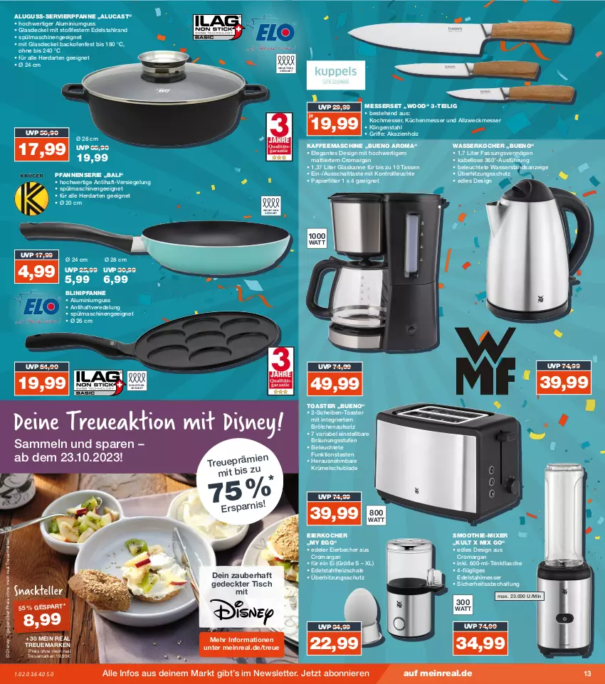 Aktueller Prospekt Real - von 09.10 bis 14.10.2023 - strona 13 - produkty: backofen, Becher, brötchen, brötchenaufsatz, decke, Deckel, disney, edelstahl, edelstahlmesser, eier, Eierbecher, Eierkocher, eis, flasche, Glasdeckel, herdarten, Holz, kaffee, kaffeemaschine, Kocher, küche, Küchen, Leuchte, messer, Messerset, Mixer, Ofen, papier, pfanne, pfannen, reis, Ria, Schal, Schale, smoothie, spülmaschinen, tasse, Ti, tisch, toast, toaster, trinkflasche, überhitzungsschutz, wasser, wasserkocher, weck