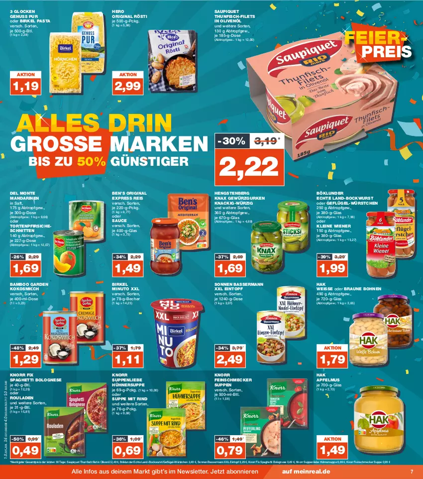 Aktueller Prospekt Real - von 09.10 bis 14.10.2023 - strona 7 - produkty: apfel, apfelmus, bamboo, Becher, Ben’s Original, birkel, bockwurst, bohne, bohnen, böklunder, bolognese, braun, coupon, coupons, eintopf, eis, feinschmecker, filet, filets, fisch, Geflügel, gewürz, Gewürzgurke, gewürzgurken, gin, gurke, gurken, hengstenberg, hero, hühner, Hühnersuppe, in olivenöl, knorr, knorr fix, kokos, kokosmilch, leine, mandarine, mandarinen, milch, monte, nuss, olive, oliven, olivenöl, pasta, payback, pfirsich, pfirsiche, reis, rind, rouladen, saft, sauce, saupiquet, schnitten, spaghetti, spaghetti bolognese, suppe, suppen, suppenliebe, thunfisch, Ti, topf, torte, wiener, wurst, würstchen, ZTE