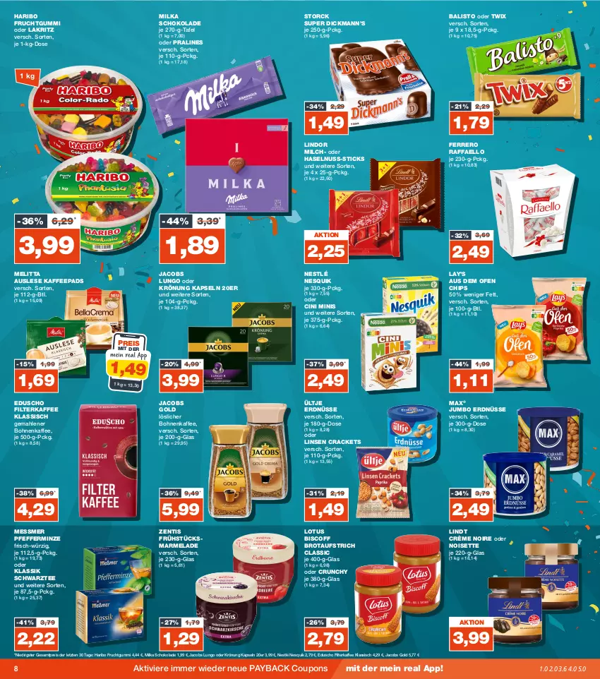 Aktueller Prospekt Real - von 09.10 bis 14.10.2023 - strona 8 - produkty: aufstrich, balisto, biscoff, bohne, bohnen, bohnenkaffee, brot, brotaufstrich, chips, cin, coupon, coupons, eduscho, eis, erdnüsse, ferrero, filterkaffee, frucht, fruchtgummi, gemahlener bohnenkaffee, haribo, haselnuss, jacobs, Jacobs Gold, jumbo, kaffee, kaffeepads, Lakritz, lindor, lindt, linsen, löslicher bohnenkaffee, lungo, marmelade, melitta, milch, milka, milka schokolade, minze, nesquik, nestlé, nuss, oder lakritz, oder twix, Ofen, payback, pfeffer, pfefferminze, raffaello, reis, schoko, schokolade, storck, tee, Ti, twix, ültje, ültje erdnüsse, zentis, ZTE