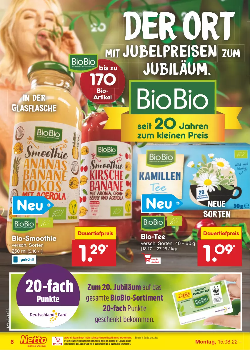 Aktueller Prospekt Netto Marken-Discount - Filial-Angebote - von 15.08 bis 20.08.2022 - strona 6 - produkty: auer, beko, bestpreis, bio, biobio, dauertiefpreis, eis, flasche, glasflasche, jubelpreis, ndk, reis, smoothie, tee, Ti, tiefpreis, versandkostenfrei