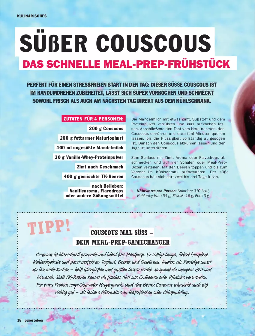 Aktueller Prospekt Hit - pures Leben - von 01.01 bis 31.03.2026 - strona 18 - produkty: beere, beeren, chia, couscous, elle, erdbeere, erdbeeren, gewürz, hafer, haferflocken, joghur, joghurt, kühlschrank, mac, mandel, milch, natur, naturjoghurt, obst, oder pfirsiche, pfirsich, pfirsiche, porridge, pudding, quark, rwe, Schal, Schale, Schrank, Skyr, Ti, topf, vanille