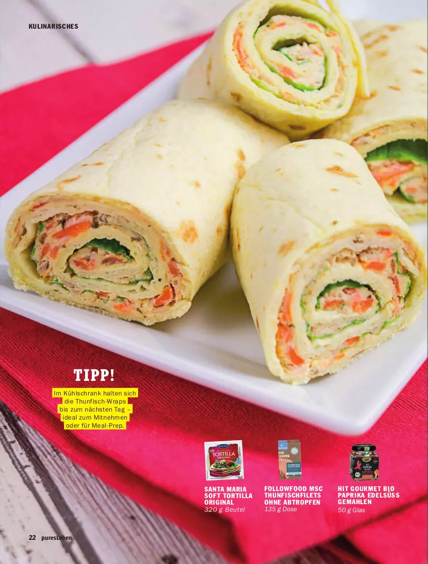 Aktueller Prospekt Hit - pures Leben - von 01.01 bis 31.03.2026 - strona 22 - produkty: beutel, bio, filet, filets, fisch, gin, kühlschrank, paprika, Ria, Schrank, thunfisch, Ti, tortilla, wrap, wraps