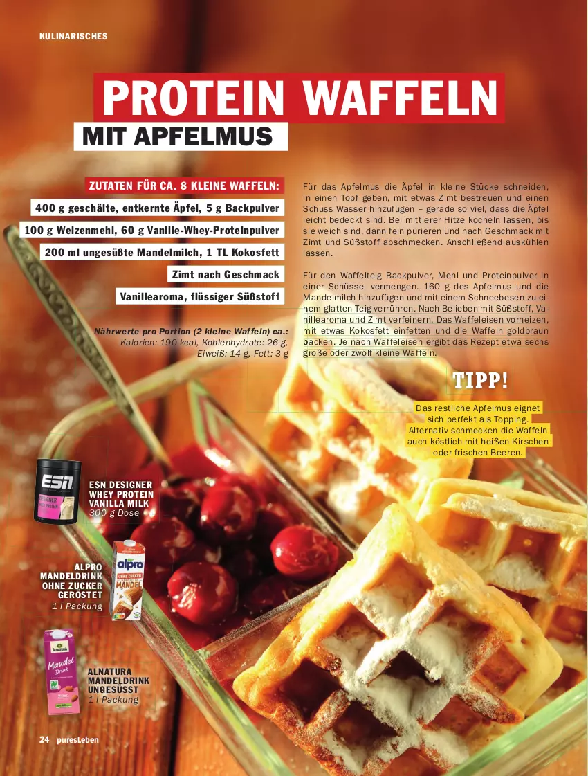 Aktueller Prospekt Hit - pures Leben - von 01.01 bis 31.03.2026 - strona 24 - produkty: ACC, alpro, apfel, apfelmus, beere, beeren, braun, drink, eis, kirsch, kirsche, kirschen, kokos, Kokosfett, latte, leine, mac, mandel, Mandeldrink, mehl, milch, natur, natura, rezept, rwe, Schneebesen, schüssel, Ti, topf, vanille, Waffeleisen, waffeln, wasser, weizenmehl, zucker