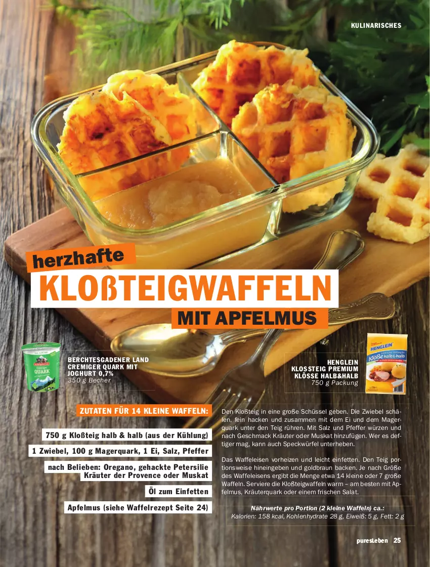 Aktueller Prospekt Hit - pures Leben - von 01.01 bis 31.03.2026 - strona 25 - produkty: apfel, apfelmus, Becher, braun, eis, henglein, joghur, joghurt, kräuter, leine, mac, petersilie, pfeffer, quark, rezept, rwe, salat, salz, schüssel, Speck, Ti, Waffeleisen, waffeln, würfel, zwiebel