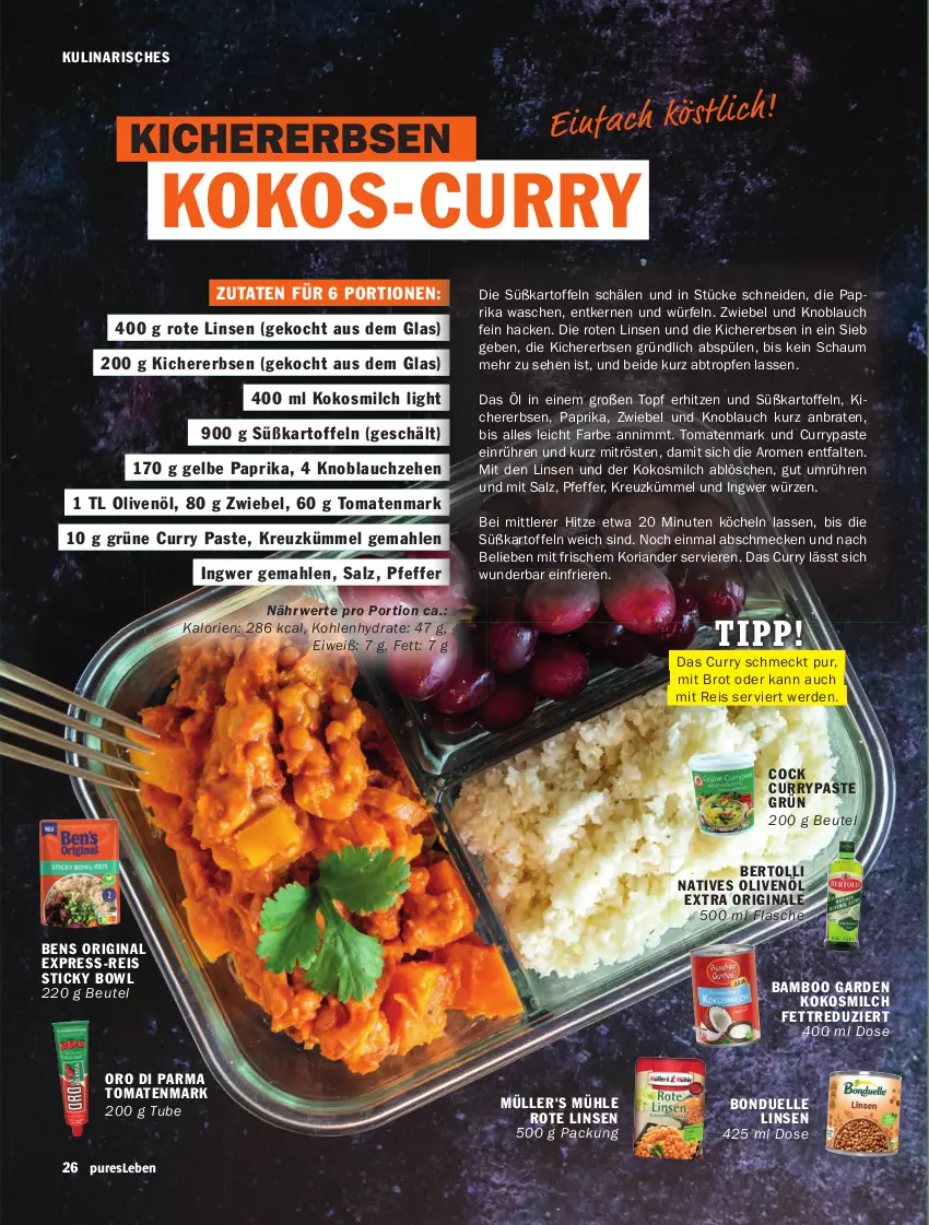 Aktueller Prospekt Hit - pures Leben - von 01.01 bis 31.03.2026 - strona 26 - produkty: bamboo, bertolli, beutel, bonduelle, braten, brot, curry, eis, elle, erbsen, erde, express-reis, flasche, gin, ingwer, kartoffel, kartoffeln, kichererbsen, knoblauch, kokos, kokosmilch, Koriander, linsen, milch, Müller, natives olivenöl, olive, oliven, olivenöl, olivenöl extra, oro di parma, paprika, pfeffer, reis, Ria, Rote Linsen, rwe, salz, Spülen, Süßkartoffeln, Ti, tomate, tomaten, tomatenmark, topf, würfel, zwiebel