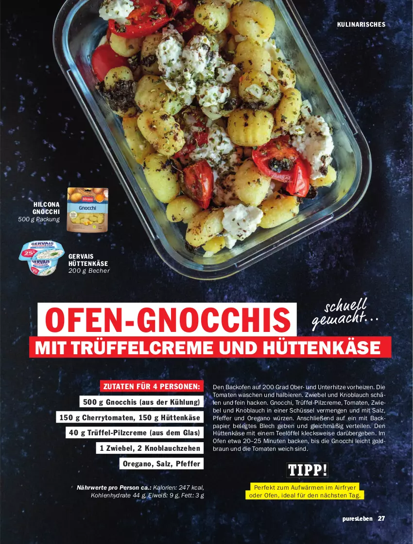 Aktueller Prospekt Hit - pures Leben - von 01.01 bis 31.03.2026 - strona 27 - produkty: Airfryer, backofen, Becher, bier, Biere, braun, cherrytomaten, creme, eis, gervais, gnocchi, hilcona, Käse, knoblauch, Löffel, mac, Ofen, papier, pfeffer, rwe, salz, schüssel, tee, Ti, tomate, tomaten, Trüffel, zwiebel