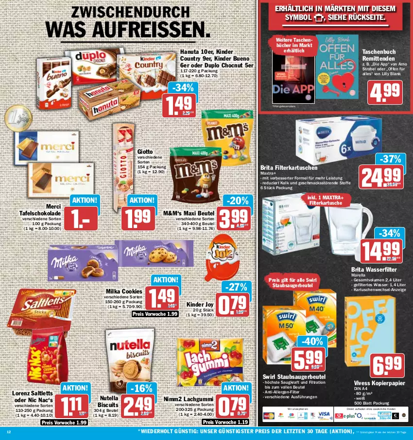 Aktueller Prospekt Hit - Prospekte - von 11.04 bis 15.04.2023 - strona 12 - produkty: beutel, brita, buch, cookie, cookies, din a4, duplo, eis, filterkartuschen, giotto, hanuta, Kinder, kinder bueno, kinder country, kopierpapier, kraft, lachgummi, lorenz, mac, Maxtra, merci, milka, nimm2, nutella, papier, reis, reiss, rel, saltletts, schoko, schokolade, staubsauger, staubsaugerbeutel, swirl, tafelschokolade, Tasche, taschen, Taschenbuch, Ti, Tiere, wasser, wasserfilter, ZTE