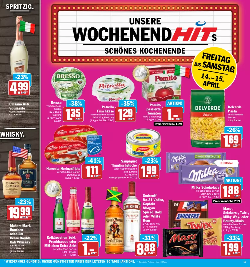 Aktueller Prospekt Hit - Prospekte - von 11.04 bis 15.04.2023 - strona 15 - produkty: asti, beutel, bounty, bourbon, bresso, Cap, captain morgan, cin, cinzano, Cinzano Asti, ecco, eis, erde, filet, filets, fisch, flasche, frischkäse, frucht, fruchtsecco, hawesta, hering, Herings, heringsfilets, jim beam, Käse, mars, milka, milka schokolade, milky way, pasta, petrella, pomito, pril, puma, reis, rel, ring, rotkäppchen, rum, saupiquet, schoko, schokolade, sekt, smirnoff, snickers, spumante, thunfisch, Ti, tomate, tomaten, twix, vodka, whiskey, whisky, white rum, ZTE