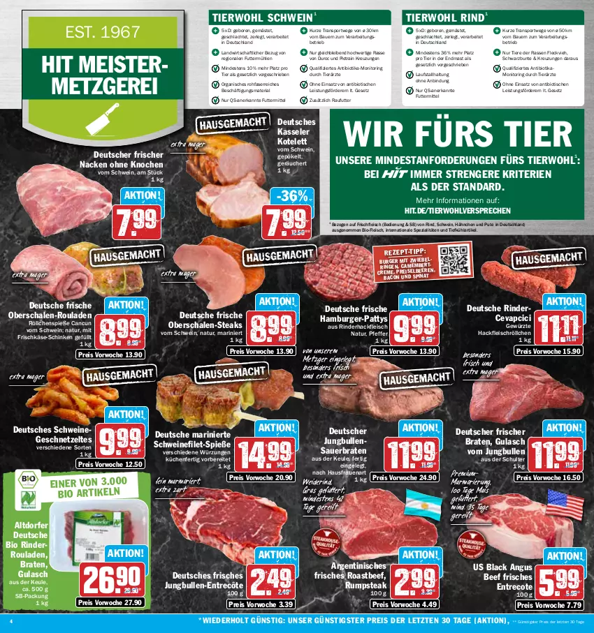 Aktueller Prospekt Hit - Prospekte - von 11.04 bis 15.04.2023 - strona 4 - produkty: auer, bacon, Bau, Bauer, beef, beere, bio, braten, burger, camembert, cevapcici, creme, eis, entrecôte, filet, fleisch, frischkäse, Geflügel, geschnetzeltes, gewürz, gulasch, hackfleisch, hamburger, jungbullen, Käse, kasseler, kotelett, küche, Küchen, lack, mais, Meister, monitor, natur, pfeffer, pute, reis, Ria, rind, rinder, rinderhackfleisch, Rinderroulade, rinderrouladen, ring, roastbeef, rouladen, rum, rumpsteak, Schal, Schale, schinken, schwein, schweine, schweinefilet, Spezi, spinat, Sport, steak, steaks, Ti, Tiere, tisch, wein, weine, Zelt, ZTE, zwiebel