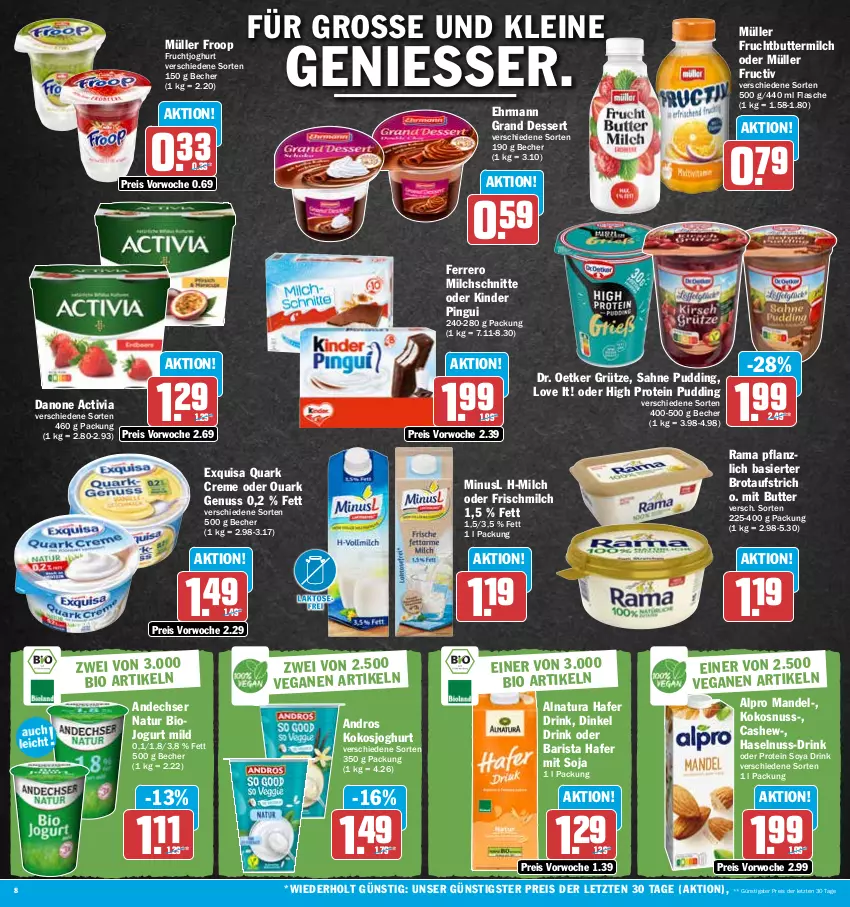 Aktueller Prospekt Hit - Prospekte - von 11.04 bis 15.04.2023 - strona 8 - produkty: activia, alpro, andechser natur, aufstrich, Becher, bio, brot, brotaufstrich, butter, buttermilch, Cashew, creme, danone, danone activia, dessert, Dr. Oetker, drink, ehrmann, Ehrmann Grand Dessert, eis, exquisa, ferrero, flasche, froop, frucht, fruchtjoghurt, grütze, hafer, haselnuss, joghur, joghurt, jogurt, Kinder, kinder pingui, kokos, kokosnuss, leine, mandel, milch, Milchschnitte, Müller, müller froop, natur, natura, nuss, pingui, pudding, quark, rama, reis, sahne, soja, soya, Ti, ZTE