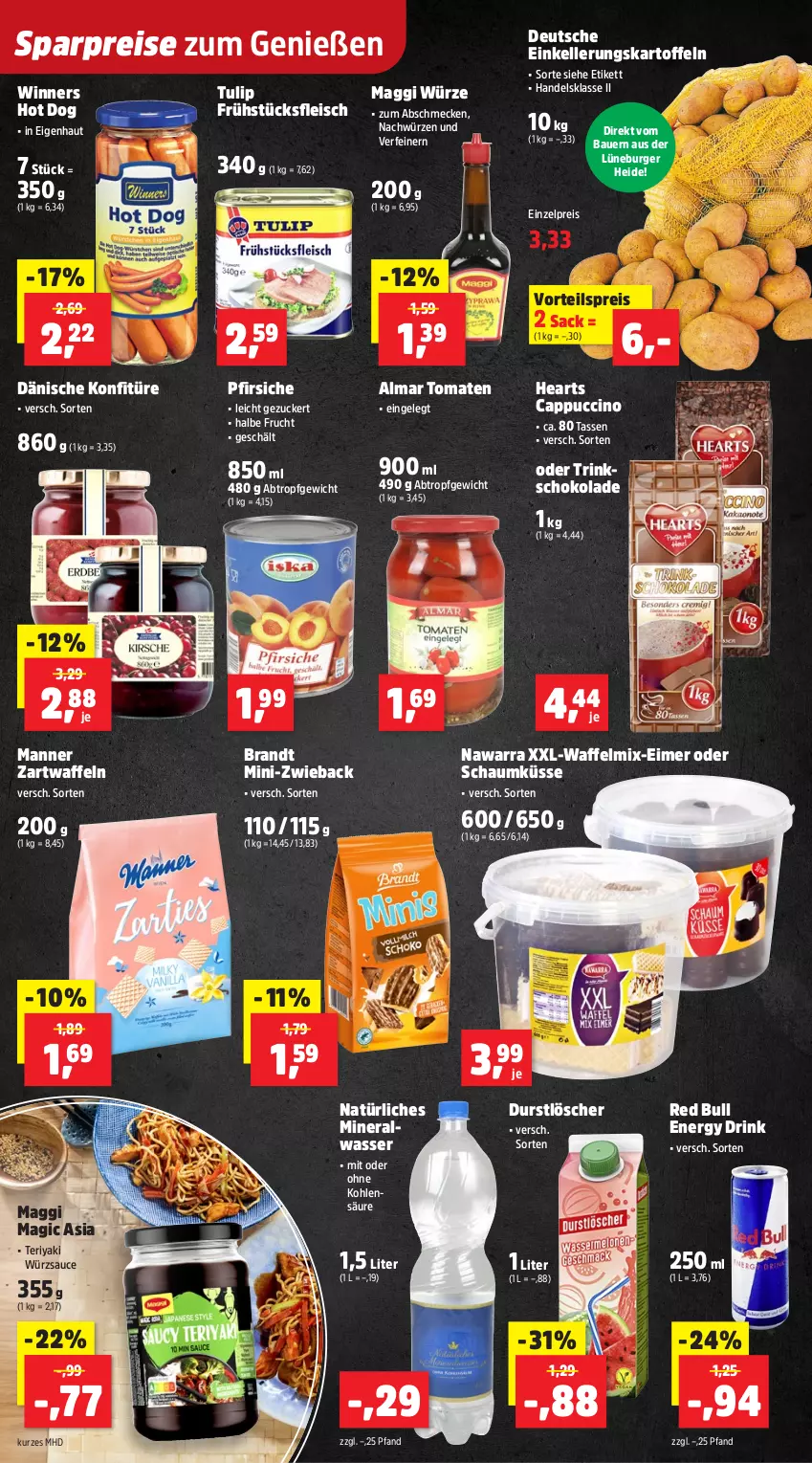 Aktueller Prospekt Thomas Philipps - von 13.10 bis 18.10.2025 - strona 12 - produkty: Alwa, auer, Bau, Bauer, brandt, burger, Cap, cappuccino, cin, drink, durstlöscher, eimer, eis, elle, energy drink, fleisch, frucht, frühstücksfleisch, hot dog, kartoffel, kartoffeln, konfitüre, maggi, maggi würze, Manner, mineralwasser, natürliches mineralwasser, pfirsich, pfirsiche, red bull, reis, sac, sauce, schoko, schokolade, tasse, Ti, tomate, tomaten, tulip, vorteilspreis, waffeln, wasser, würzsauce, zucker