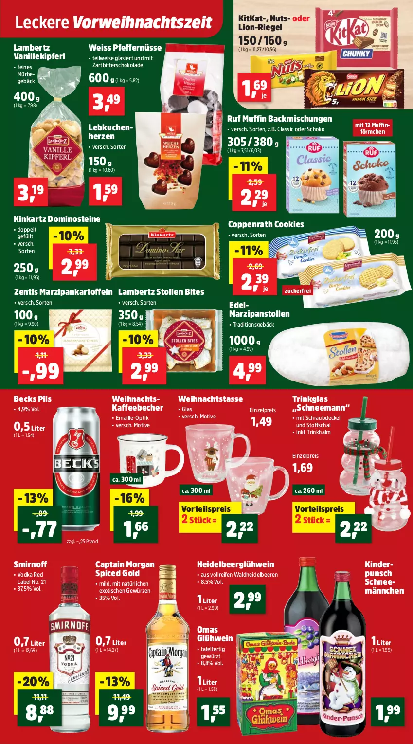 Aktueller Prospekt Thomas Philipps - von 13.10 bis 18.10.2025 - strona 13 - produkty: Amber, backmischung, Backmischungen, Becher, becks, beere, beeren, bites, Cap, captain morgan, cookie, cookies, coppenrath, decke, Deckel, Dominosteine, Edelmarzipan, eis, gewürz, Glühwein, heidelbeere, heidelbeeren, kaffee, kaffeebecher, kartoffel, kartoffeln, Kinder, kitkat, kuchen, lambertz, Lebkuchen, lion, maille, marzipan, Muffin, pfeffer, pils, reifen, reis, riegel, rwe, Schal, schoko, schokolade, smirnoff, Stollen, tasse, Ti, tisch, trinkglas, vanille, vodka, vorteilspreis, Waldheidelbeeren, wein, Zartbitterschokolade, zentis, zucker