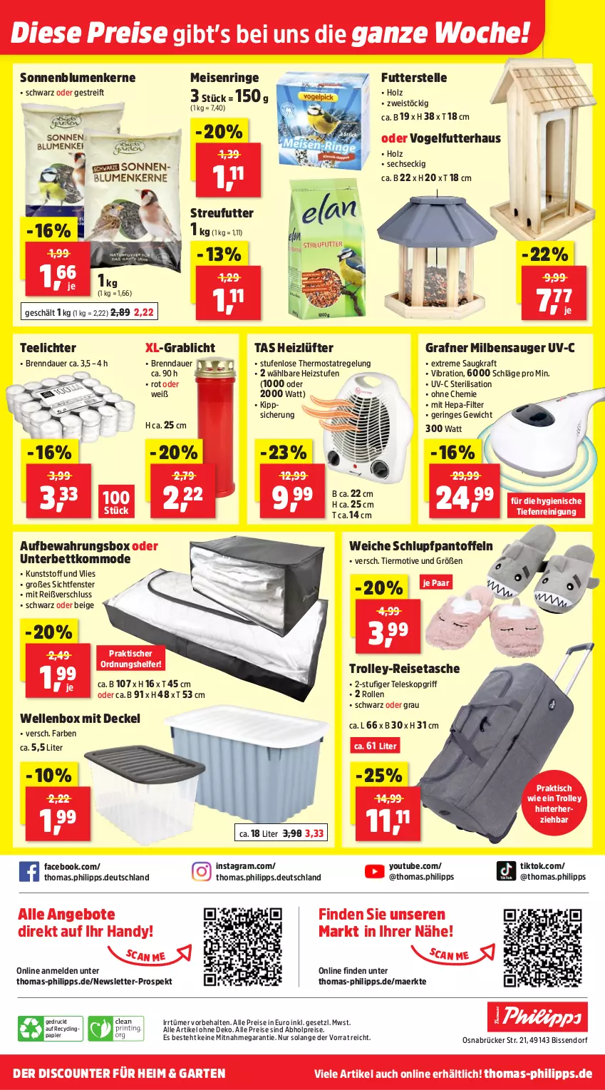 Aktueller Prospekt Thomas Philipps - von 13.10 bis 18.10.2025 - strona 15 - produkty: abholpreise, alle preise sind abholpreise, angebot, angebote, auer, aufbewahrungsbox, bett, blume, blumen, Clin, decke, Deckel, discount, eis, elle, fenster, Garten, Handy, Holz, kommode, kraft, Mode, Pantoffeln, papier, Reinigung, reis, reisetasche, ring, sonnenblume, sonnenblumen, Sonnenblumenkerne, Streufutter, Tasche, tee, Teelicht, teelichte, Teleskop, thermostat, Ti, tisch, trolley, Vogelfutter, Yo