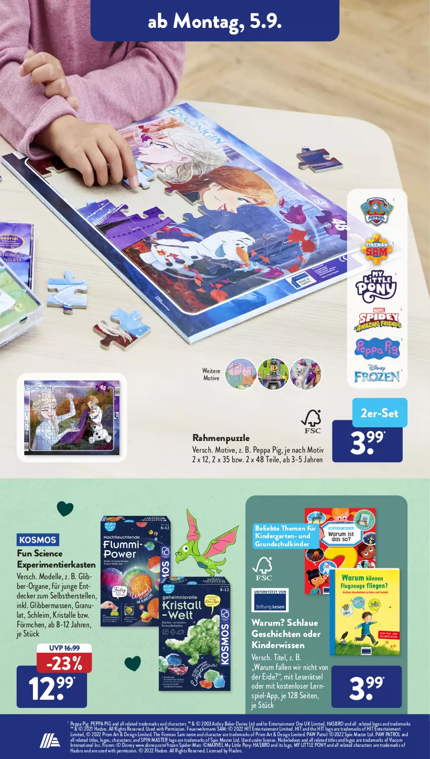 Aktueller Prospekt AldiSud - NÄCHSTE WOCHE - von 05.09 bis 10.09.2022 - strona 12 - produkty: Cien, decke, dell, deo, disney, ehrmann, elle, ente, erde, Garten, Hasbro, Kinder, Lernspiel, Mode, Paw Patrol, Peppa Pig, Puzzle, rel, rum, rwe, spider-man, Ti