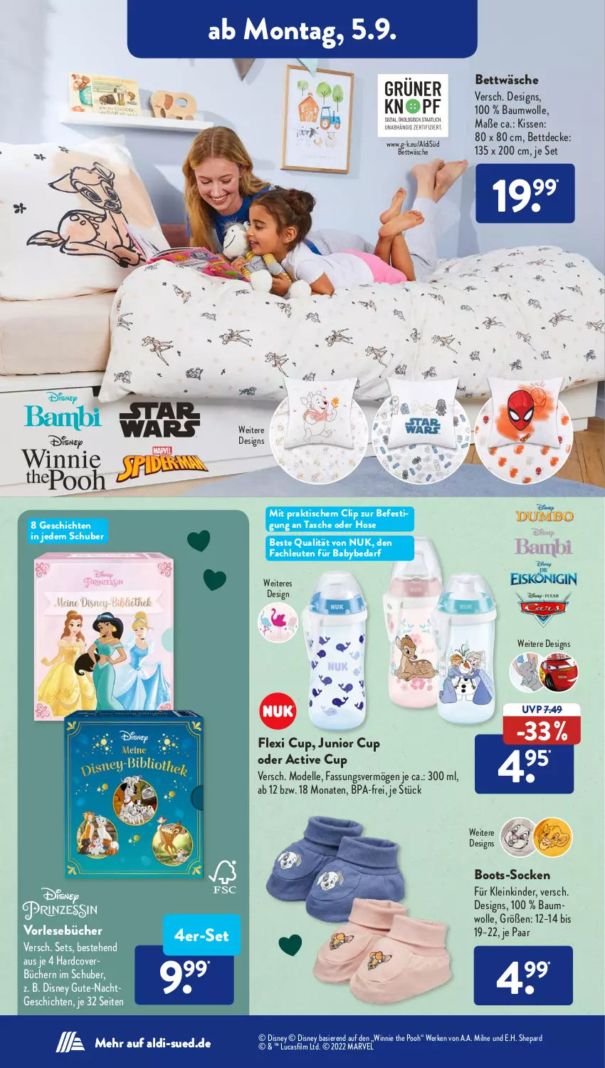 Aktueller Prospekt AldiSud - NÄCHSTE WOCHE - von 05.09 bis 10.09.2022 - strona 14 - produkty: aldi, Babybedarf, Bau, baumwolle, bett, bettwäsche, decke, dell, disney, elle, hose, Kinder, kissen, LG, Mode, nuk, socken, Tasche, Ti, tisch, wolle