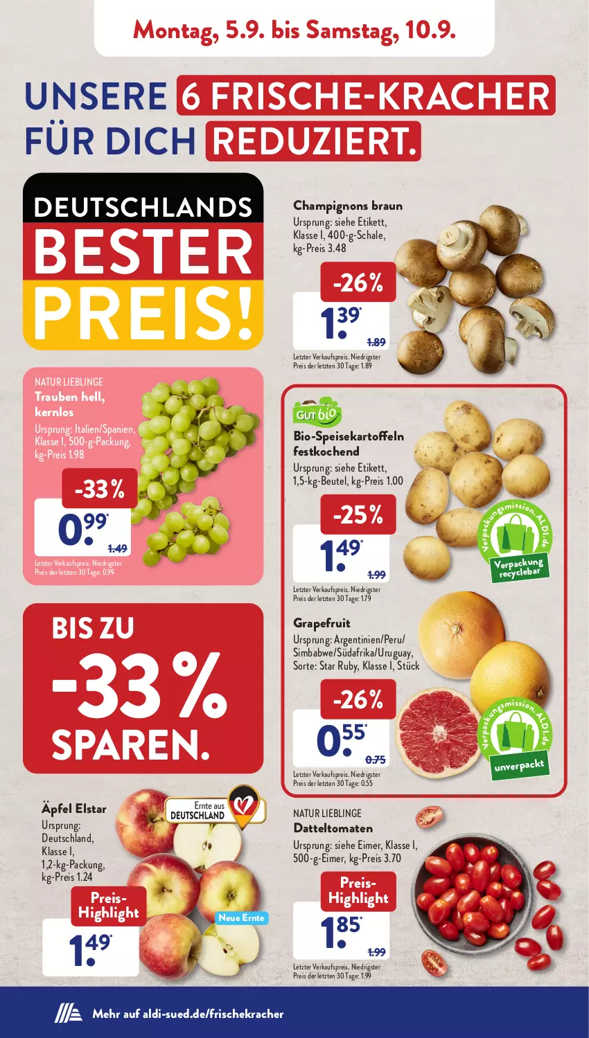 Aktueller Prospekt AldiSud - NÄCHSTE WOCHE - von 05.09 bis 10.09.2022 - strona 2 - produkty: aldi, beutel, bio, braun, champignon, champignons, champignons braun, datteltomaten, eimer, eis, grapefruit, kartoffel, kartoffeln, kracher, natur, reis, Schal, Schale, sim, simba, speisekartoffeln, Ti, tomate, tomaten, trauben, ZTE