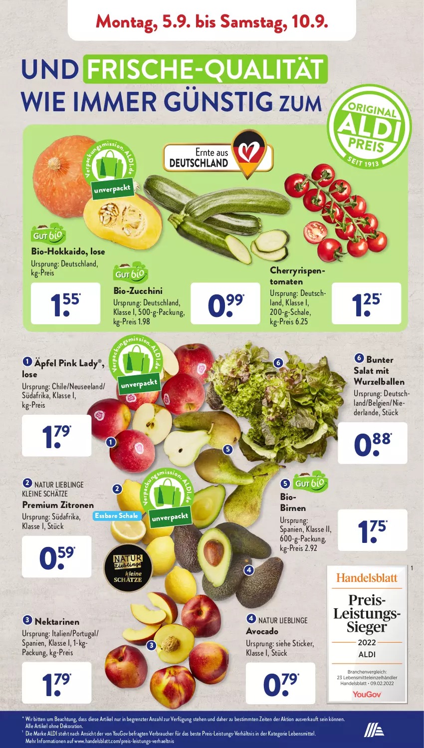 Aktueller Prospekt AldiSud - NÄCHSTE WOCHE - von 05.09 bis 10.09.2022 - strona 3 - produkty: aldi, alle artikel ohne dekoration, avocado, ball, bio, bio-zucchini, Birnen, dekoration, eis, Elan, lebensmittel, leine, LG, natur, Nektar, nektarinen, Pink Lady, Rauch, reis, rispentomaten, salat, Schal, Schale, Ti, tomate, tomaten, Yo, zitrone, zitronen, ZTE, zucchini