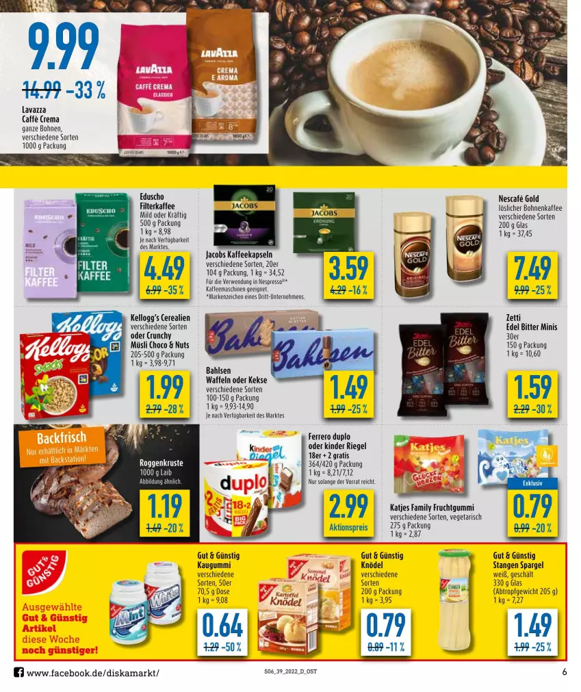 Aktueller Prospekt Diska - Prospekte - von 26.09 bis 01.10.2022 - strona 6 - produkty: aktionspreis, bahlsen, bohne, bohnen, bohnenkaffee, cerealien, duplo, eduscho, eis, espresso, ferrero, filterkaffee, frucht, fruchtgummi, jacobs, kaffee, kaffeekapseln, kaffeemaschine, katjes, kaugummi, keks, kekse, Kinder, kinder riegel, Knödel, müsli, nescafe, nespresso, reis, riegel, rwe, spargel, Ti, Vegeta, waffeln