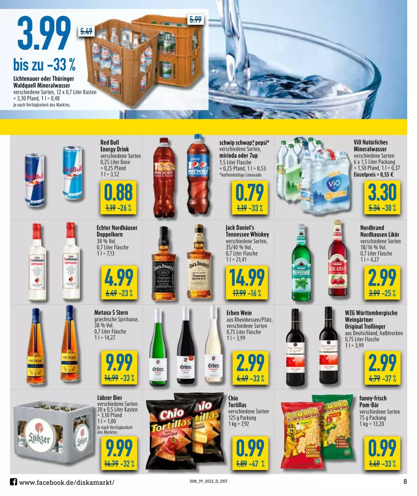 Aktueller Prospekt Diska - Prospekte - von 26.09 bis 01.10.2022 - strona 8 - produkty: Alwa, auer, bier, doppelkorn, drink, eis, energy drink, flasche, funny-frisch, gin, jack daniel, Jack Daniel’s, korn, lichtenauer, likör, limo, limonade, Lübzer, Metaxa, mineralwasser, Mirinda, nordbrand, pepsi, pom-bär, red bull, reis, rind, ring, Schwip Schwap, tennessee whiskey, Ti, tortilla, tortillas, trolli, trollinger, wasser, wein, whiskey