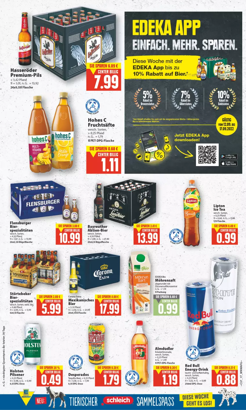 Aktueller Prospekt E Center - Angebote der Woche - von 12.09 bis 17.09.2022 - strona 16 - produkty: aktionspreis, almdudler, bier, bio, bügel, bügelflasche, burger, corona, corona extra, deka, desperados, drink, edeka bio, eis, flasche, flensburger, frucht, fruchtsäfte, google play, holsten, ice tea, kräuter, limo, limonade, lipton, lipton ice tea, möhren, pils, pilsener, red bull, reis, saft, säfte, Spezi, störtebeker, Ti, zitrone, zitronen, zitronensaft