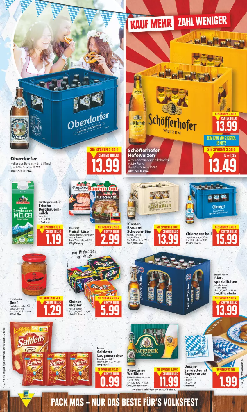 Aktueller Prospekt E Center - Angebote der Woche - von 12.09 bis 17.09.2022 - strona 3 - produkty: auer, Bau, Bauer, bauerngut, beutel, bier, bügel, bügelflasche, cracker, eis, elle, flasche, fleisch, fleischkäse, hacker pschorr, Hefe, Käse, Lagerbier, leine, lorenz, milch, natur, Ofen, reis, saltletts, senf, Serviette, Spezi, Ti, ZTE